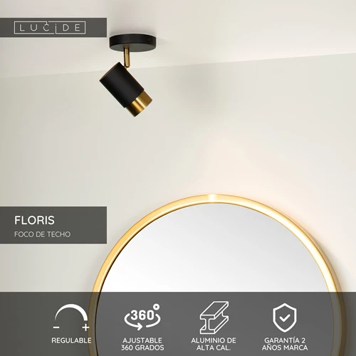Lucide FLORIS - Foco de techo - Ø 10 cm - 1xGU10 - Negro - USP